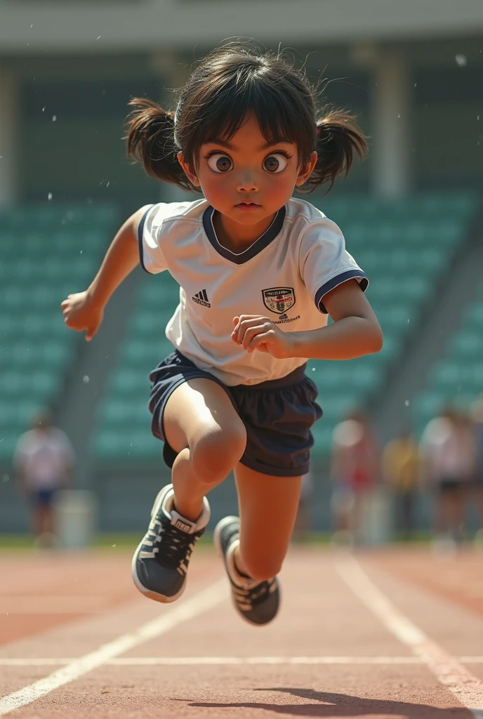 A cute chubby ,Double bun and bangs,Happy to participate in Asian Games sports