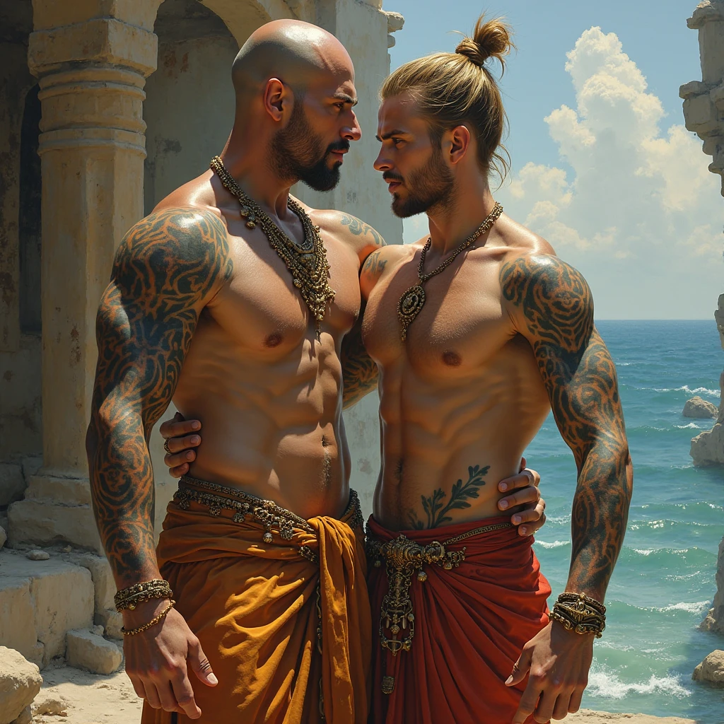 2 Handsome Men with Beards, tattooed. Black and red red cape,  walking stick, trident, cemetery, lit candles, fire, black magic book,  levitating, black goat, black and gold hat galley , blood, jovial laughter, old hat, full moon, necklaces, black and red clothing 