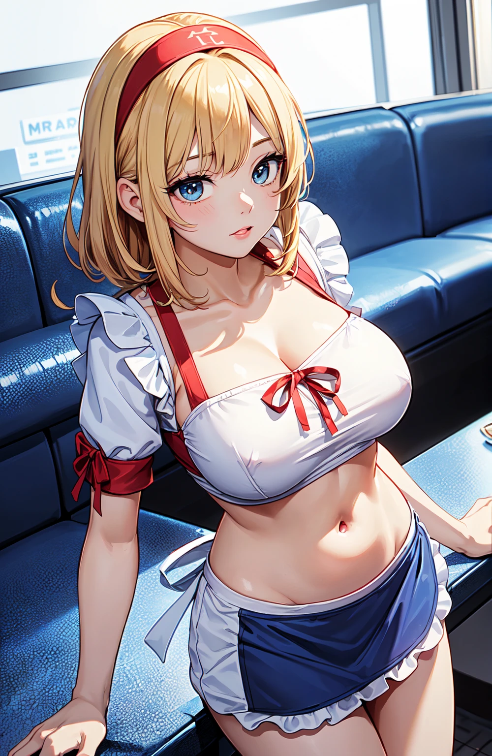 1 lady, 20 years old, blonde hair, long hair, wavy hair, light brown eyes, huge breasts, evil smile, blush,
BREAK (masterpiece), (high resolution 8K), cinematic lighting, professional lighting, detailed eyes and face, detailed body,
BREAK leaning back, nurse, nurse cap, breast pocket, collared dress, short dress, short sleeves, black thighs, white dress, white headwear,
BREAK cleavage, (thermometer between breasts:1.2), cowboy shot,