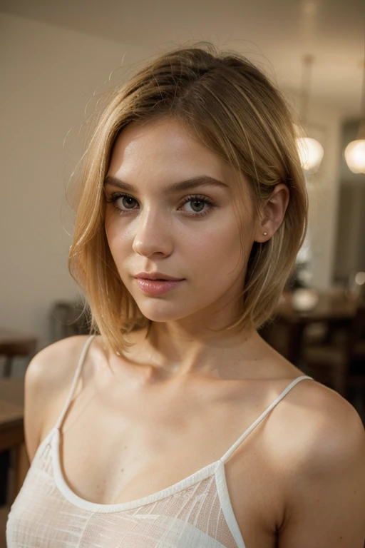 Photo of a 25-year-old girl, blonde short straight hair, dark big blue eyes, very natural face, supermodel face, very pretty, wide lips, Thin eyebrows, pointy nose, long eyelashes. the face looks straight into the camera from the front, naked, Ultra textured skin, naked tits, busty