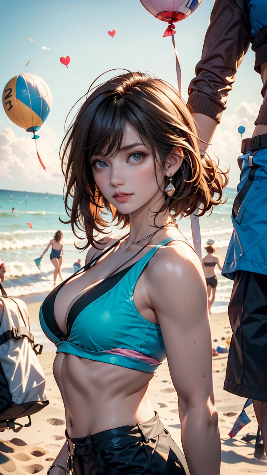Selfie, Cute Hong Kong girl captured on GoPro camera, Wearing a sexy swimsuit on the beach, Wet, smile, Sharp Face, Soft lighting, Fisheye Lens, Solar flare, 24-year-old female、Sexy proportions、Sexy breasts、Narrow waist、Long eyelashes、Cleavage Emphasis