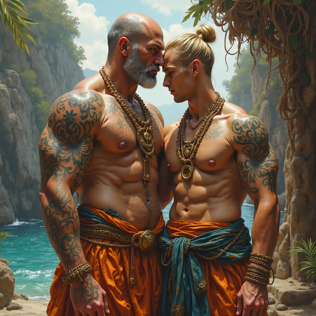 fking_scifi, fking_scifi_v2, portrait of a young, muscular extremely handsome and attractive Brazilian male model, in front of a waterfall, short windy hair, hairy tattooed body, colorful clothing and golden jewelry, close up, regal pose and attitude. fking_cinema_v2.
