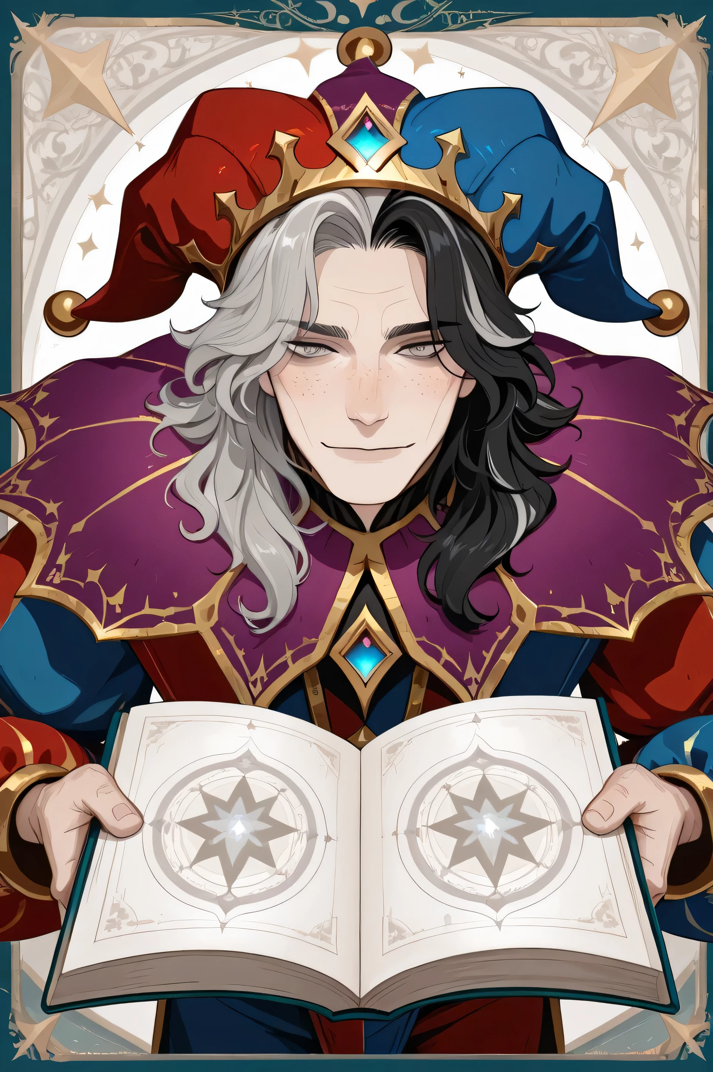 line-art, art book, best quality, 1 boy, jester, long two-sided cap, grey eyes, freckles, fantasy clothes, jester clothes