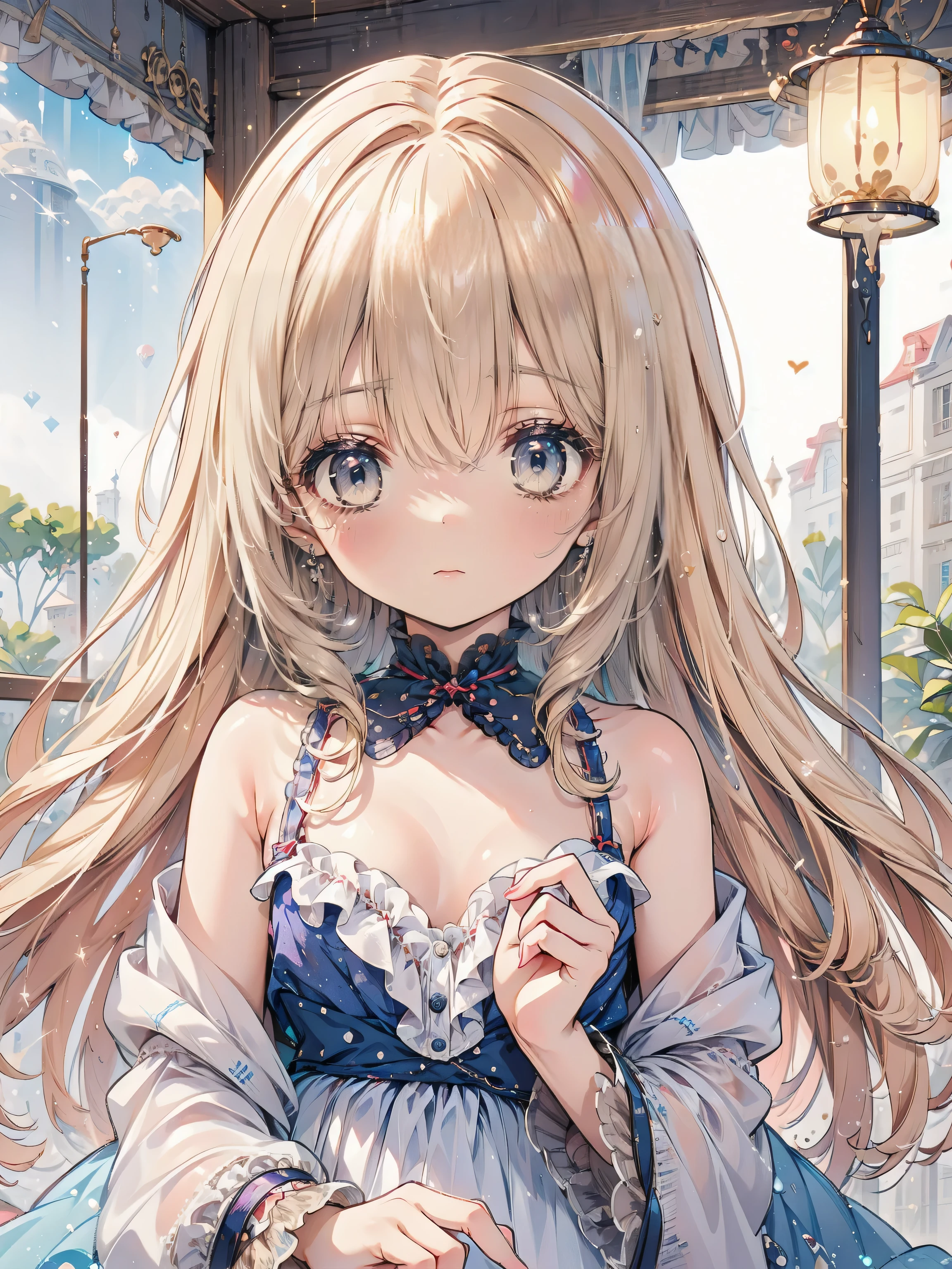 Dots are、明るいピンクの頬、she has golden blonde hair with wavy bangs.、she'dark-skinned girl, she is wearing a bright red headband with a ribbon on the right side of her head.. Dots are、she wears a shiny pastel blue and scarlet red dress with a small ribbon belt around her waist。, white collar, 4 crimson buttons, Bright red lining. sheのドレスの下には赤と淡いブルーのチュールスカートがある.. she also、Red top with white socks、she is wearing carnation pink high-top sneakers with bright red shoelaces, Shine; glitter, (NSFW:1.4), (1girl), (flat chest:1.1),