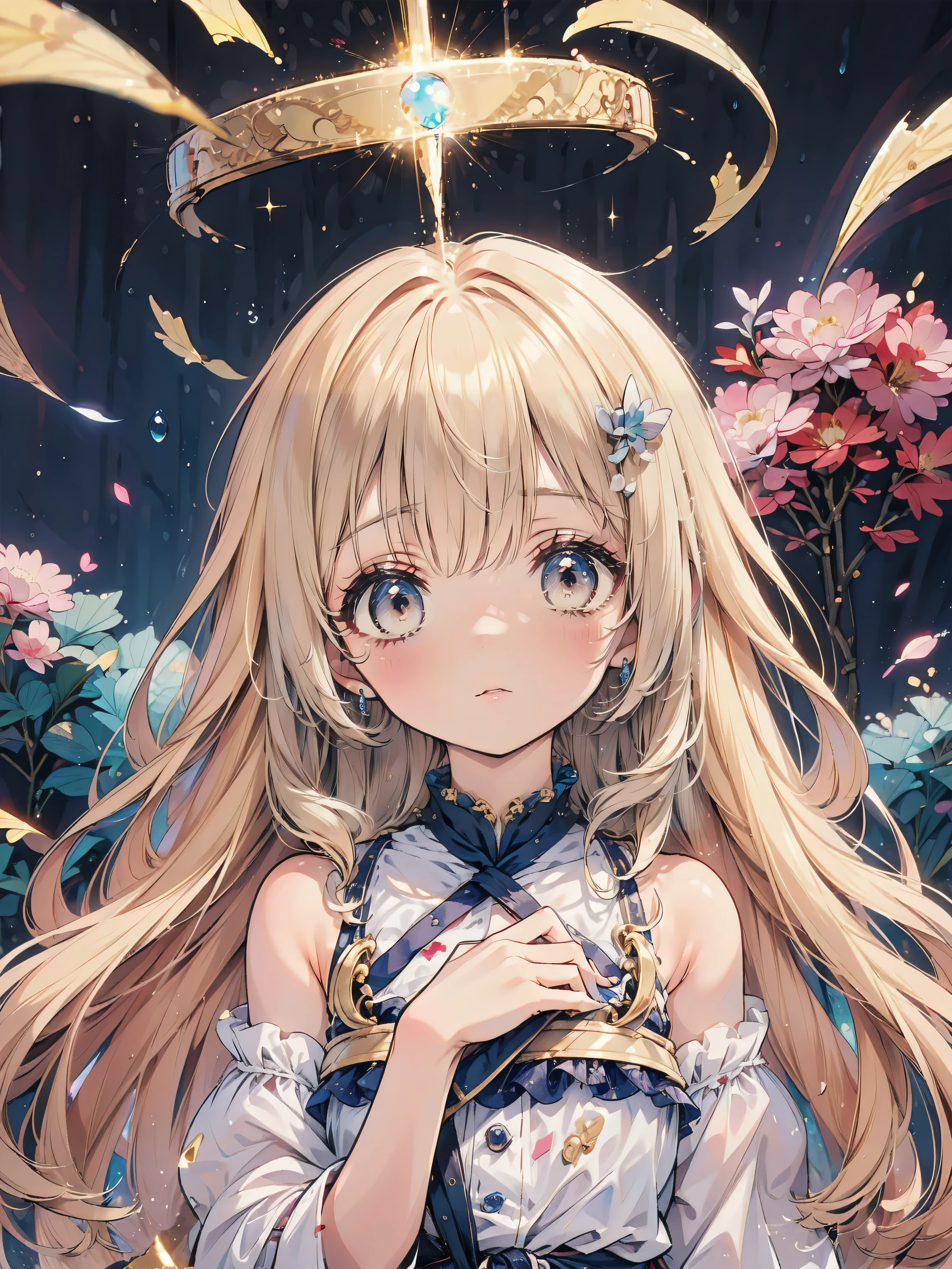 Dots are、明るいピンクの頬、she has golden blonde hair with wavy bangs.、she'dark-skinned girl, she is wearing a bright red headband with a ribbon on the right side of her head.. Dots are、she wears a shiny pastel blue and scarlet red dress with a small ribbon belt around her waist。, white collar, 4 crimson buttons, Bright red lining. sheのドレスの下には赤と淡いブルーのチュールスカートがある.. she also、Red top with white socks、she is wearing carnation pink high-top sneakers with bright red shoelaces, Shine; glitter, (:1.4), (1girl), (flat :1.1),