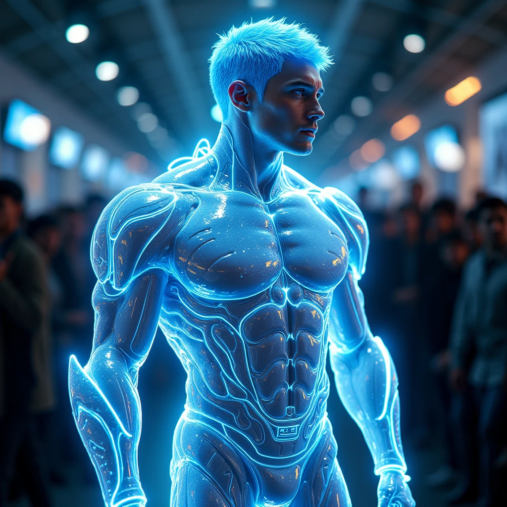 create a stunning fantasy image about a full body muscular man wearing a futuristic transparent neon armor with transparent futuristic helmet (visible handsome face, blue hair, shaped like a transparent helmet, connected directly to the human body, ensuring that oxygen supply is met (can even produce oxygen), useful as a super sophisticated computer, can be used as virtual reality, and can even control human nutritional health (automatically detecting body disorders),  emits massive neon effects, complex armor stitching, neon threads decorated the armor, crowded futuristic fashion show as background, the angle of view is slightly downward, best quality, MASTERPIECE.