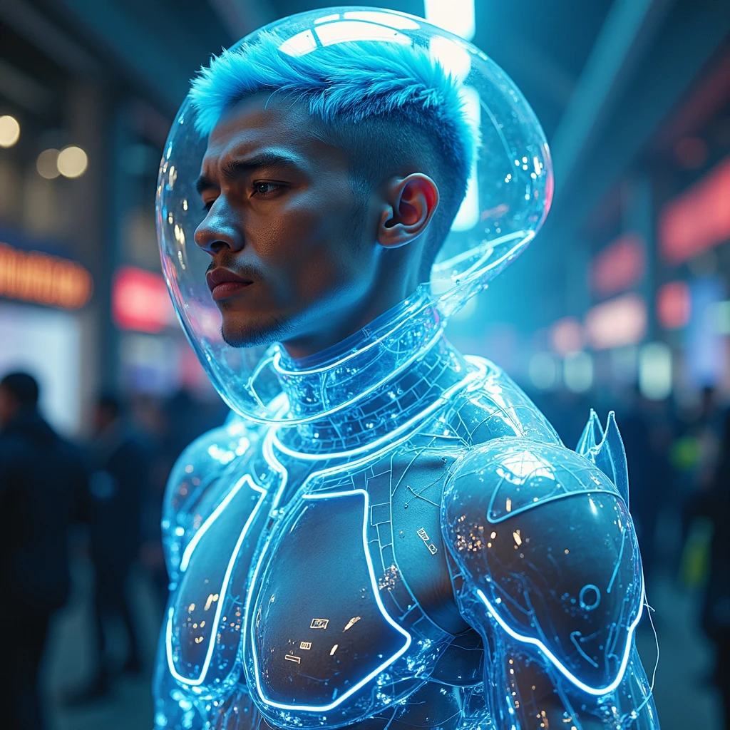 create a stunning fantasy image about a full body muscular man wearing a futuristic transparent neon armor with transparent futuristic helmet (visible handsome face, blue hair, shaped like a transparent helmet, connected directly to the human body, ensuring that oxygen supply is met (can even produce oxygen), useful as a super sophisticated computer, can be used as virtual reality, and can even control human nutritional health (automatically detecting body disorders),  emits massive neon effects, complex armor stitching, neon threads decorated the armor, crowded futuristic fashion show as background, the angle of view is slightly downward, best quality, MASTERPIECE.