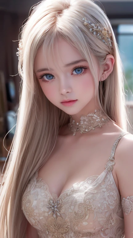 (((blouse、Shorts、White background、Cowboy Shot、forehead)))、forehead、Northern Europe、Russia、beautiful girl、Platinum Blonde Hair、Straight long hair、Big blue eyes、Northern Europeの若者、Glowing Skin、Young and beautiful skin、A perfect and beautiful little face、Bright makeup、Pale pink lips、Bright expression、lipstick、Golden Hour Lighting、Movie Light、Intricate details、High resolution、 Detailed features of the face design、Big Breasts