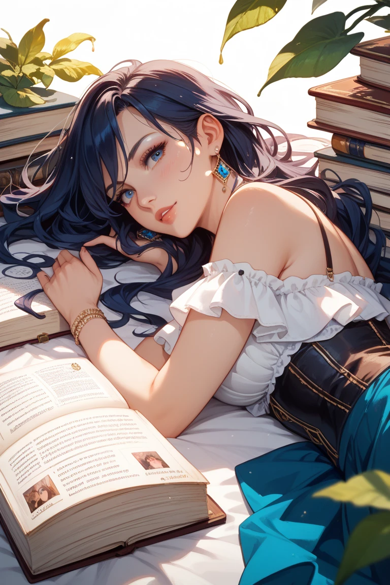 High-resolution photos,A ,Big round breasts,Read a book in bed,Long hair,side