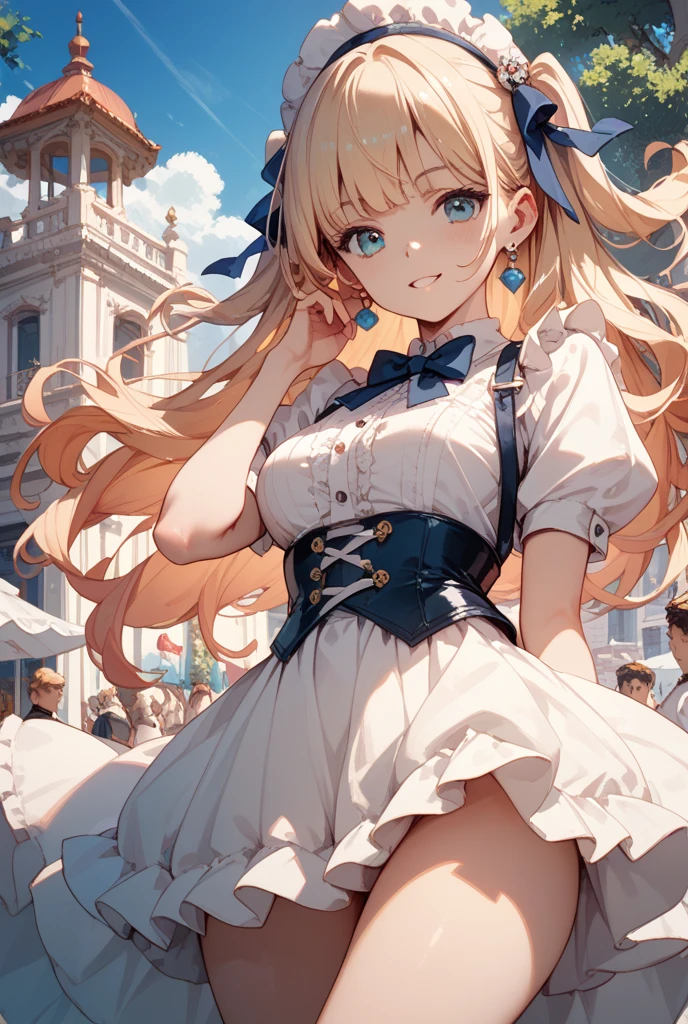 ((masterpiece) (((((Highest quality))))((High resolution))))), Very detailed, Ultra-realistic, 、blonde)、、、city、building、、(、Embarrassed face、、teeth 、Face looking back、From below、((Low Angle))、Maid、garden、No sleeve、Cowboy Shot、White panties