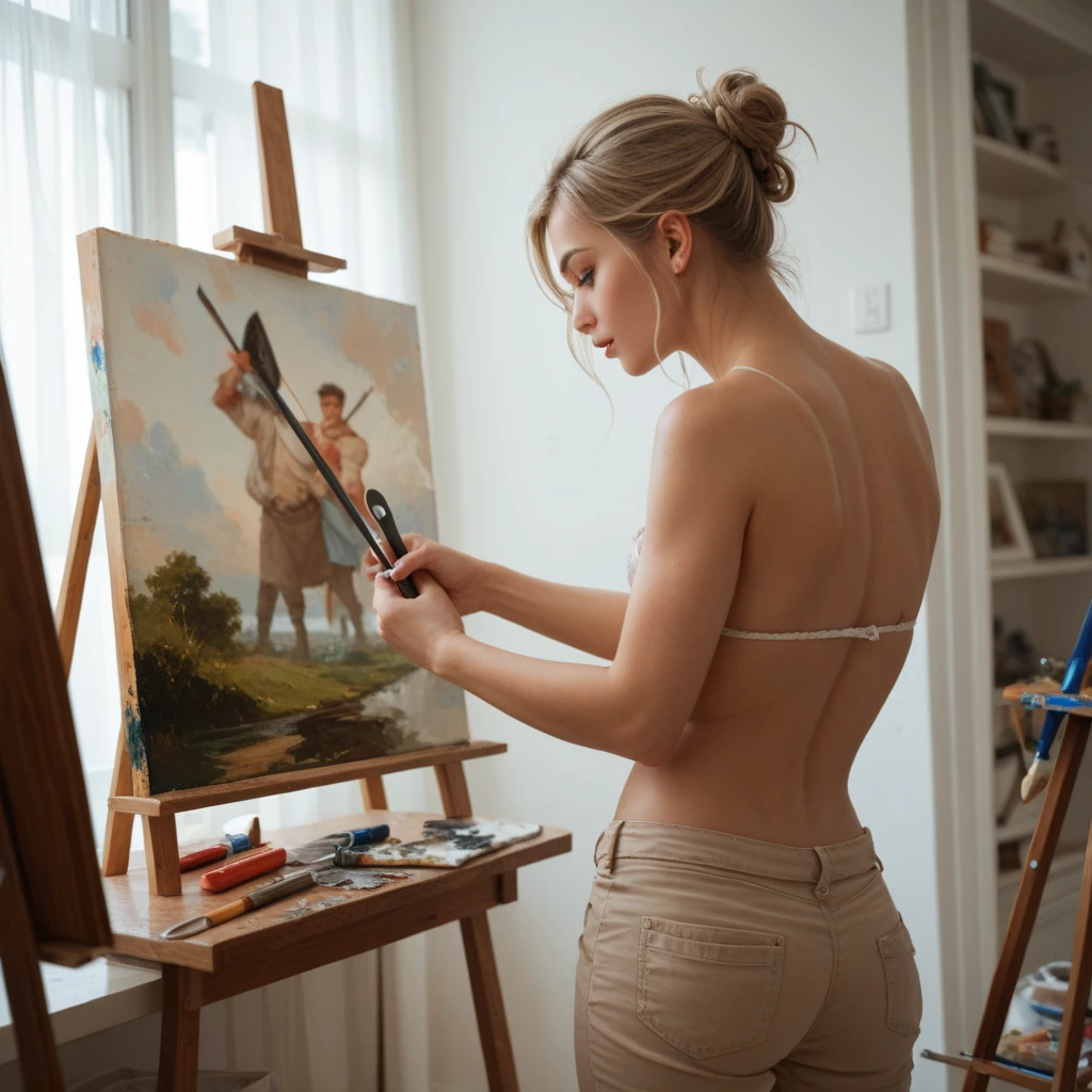 The easel, the paints, the artist, standing Full-length, Sexy cyborg woman drawing self-portrait in oil paints, french braid, blonde hair
