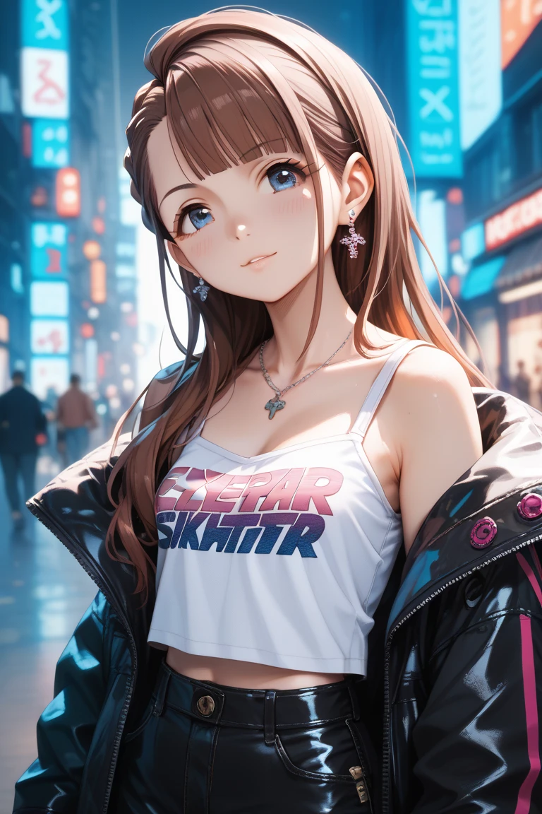4K, A high resolution, Best quality at best, masterpiece, perfect colors, perfect shadow, perfect litthing, ((sportrait)), 1woman, fit-muscled body, face close up, bright yellow eyes, dark blue hair , blue eyes, With round lenses, detail in eyes, The audience watched carefully, (s face: 1.2), nipple bump, Perfect female figure, ((standing)), ((purple Tight crop top pink leather suit)), ((shy and looking at viewert)), (Perfect thick white eyebrows) Delicate fur, 详细s face, s the perfect face, At a fantasy industrial city , (model pose standing), energetic background, perfect city skyscape, lighting atmosphere, ((Bonifasko lighting)), (The round lenses on his eyes)(詳細な目), Perfect student, face close up