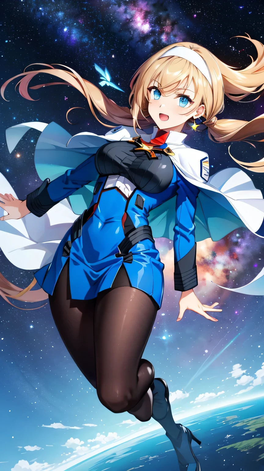 {{{masterpiece}}}, (best quality:1.5), (ultra-detailed:1.5), {illustration}, {{an extremely delicate and beautiful}}, (beautiful detailed eyes:1.6), absurdres, highres, extremely detailed face, 16k, hd, visual anime de uma jovem mulher, extremamente bonito rosto de anime, anime melhor garota, (perfect hands, perfect anatomy), anime face, mitsuba1, Mitsuba Greyvalley(SUPER ROBOT WARS 30), 1girl, solo, cute face, blonde hair, twintails, low twintails, hairband, white hairband, long hair, hair behind ear, bangs, sidelocks, blue eyes, triangle earrings, large breasts, big hips, curvaceous, BREAK, uniform, mini bodycon dress, white capelet, capelet, Mitsuba Greyvalley's military uniform, blue dress, long sleeve, military uniform, jewelry, (black pantyhose:1.3), thighs, plump thighs, BREAK, legs apart, fighting stance, duel, clash, slashing, flushed cheeks, (sky above:1.5), (fly in the sky:1.5), (spiral galaxy:1.3), floating, universe and stars, smirk, cool face, open mouth, looking at viewer, universe, stars, galaxy, nebula, (Aerial View:1.3), telekinesis, arm up, motion blur, above clouds, Scenery, peer in from below