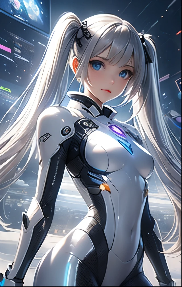 1girl, solo, cowboyshot, ((muture female)), (masterpiece), (best quality), (ultra-detailed), (illustration:1.2), (watercolor_painting:1.0), (highly detailed background:1.2), (thick outline), (perfect hands:1.4, two legs), (long bangs:1.2), shiny hair, (extra-long hair:1.2), white hair, (beautiful eyes:1.2), (gray eyes:1.2), blue gradient eye shadow, middle chest, extremely detailed beautiful anime face, clear pale blush, ((pale skin)), particles, ((Mechanical body)), white Android body, headgear, Sci-fi, Cold stare, (ghostly girl), (white tights), white veil, (expressionless), (empty eyes), composite lighting, professional shading, high quality textures, perfectly structured, natural proportions,