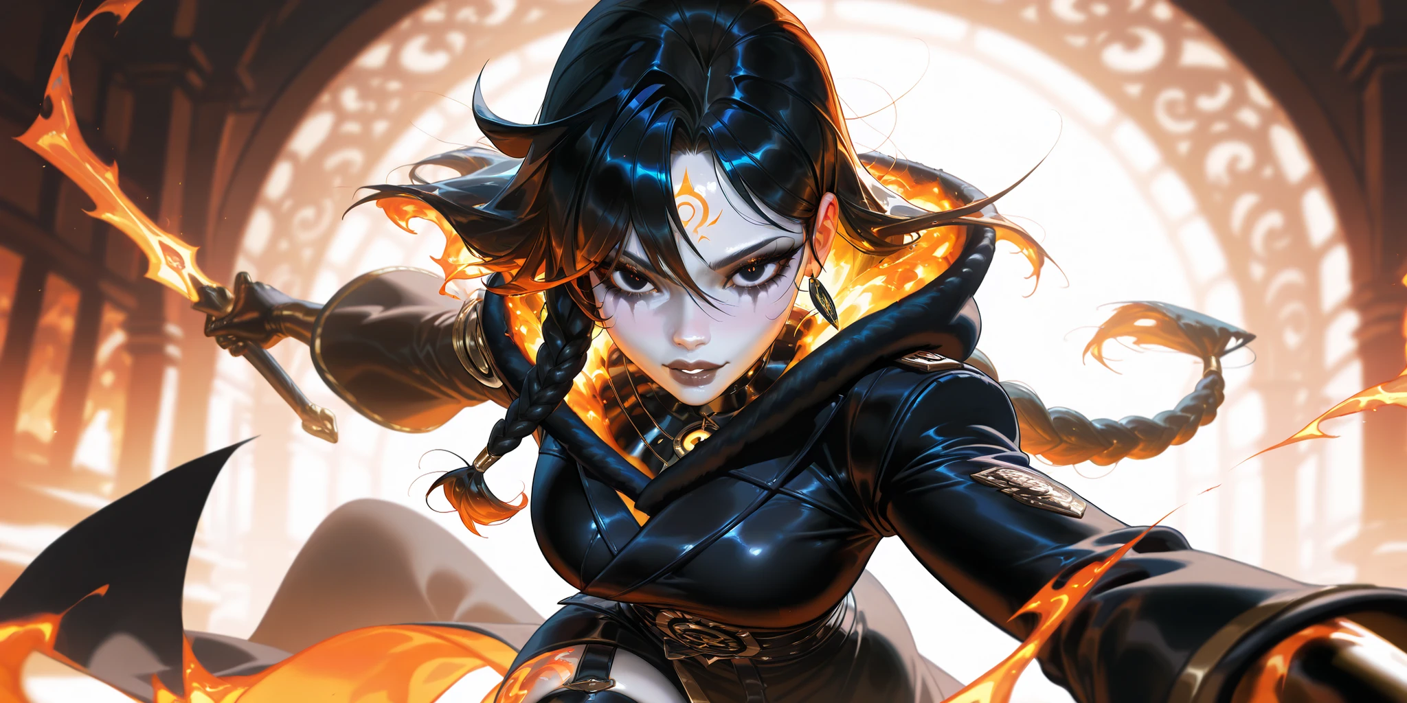 (best quality, masterpiece), 1girl, holding polearm, samurai, shoulder armor, looking at viewer, high ponytail, <lora:sciamano240:0.8> sciamano240 <lora:backlight_slider_v10:-1.5>, fog, fiery background, smoke, night, KokoaAisu, furrowed brow, glowing eyes, yellow eyes, furrowed brow, serious, parted lips,