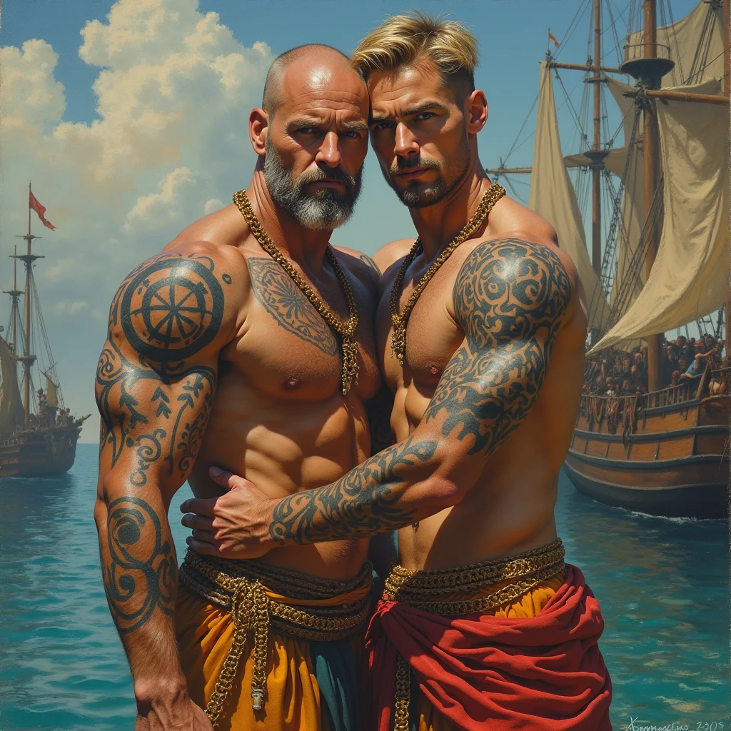 baroque painting+muslim_art fullbody portrait, an arabian prince, cinnamon skin green eyes, wavy black hair, thin face, slender toned body, body hair, beautiful face, making love to a young viking, blond, blue eyes, muscular beautiful face, strong, masculine perfect proportions, white skin innocent look, both men looking each other smiling and riding horses by the guadalquivir river dynamic movement composition in the background el Real Alcazar de Sevilla, b
