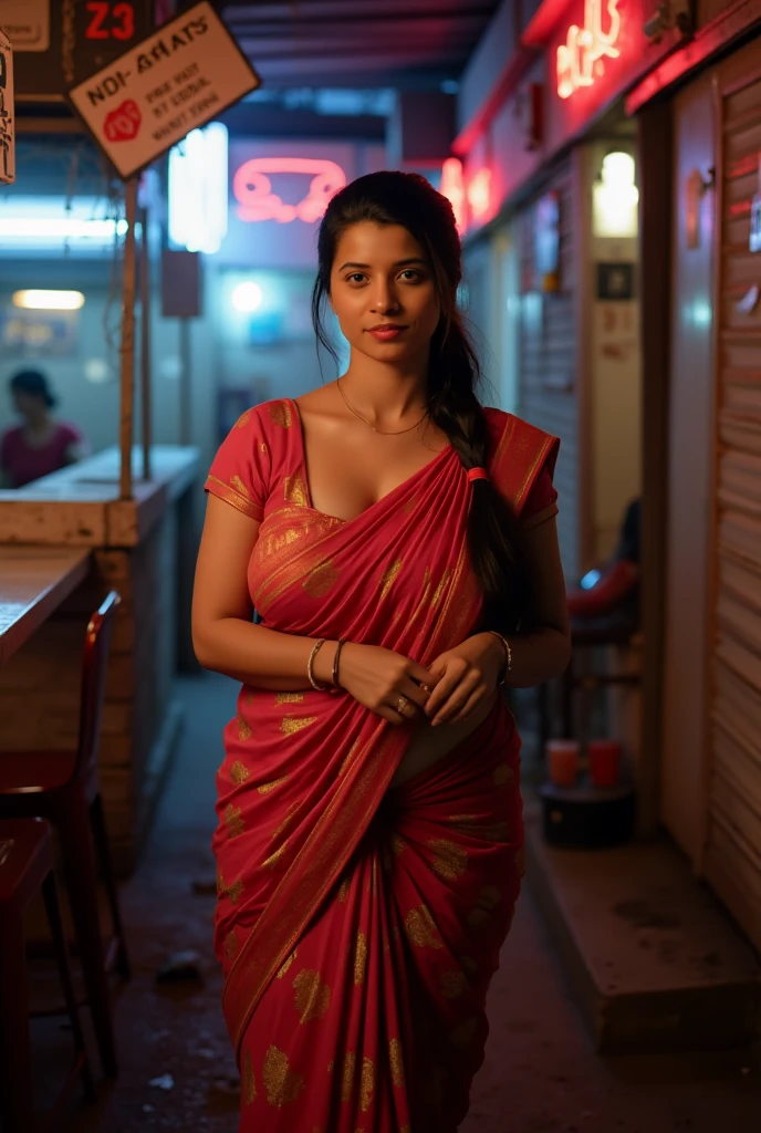 An indian lady in saari with beautiful boobs standing in city