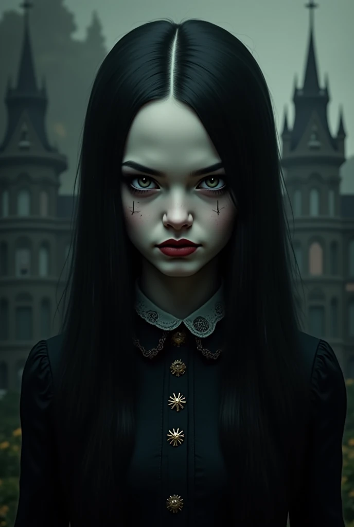 Wednesday addams face in front of a mansion angry pumpkin