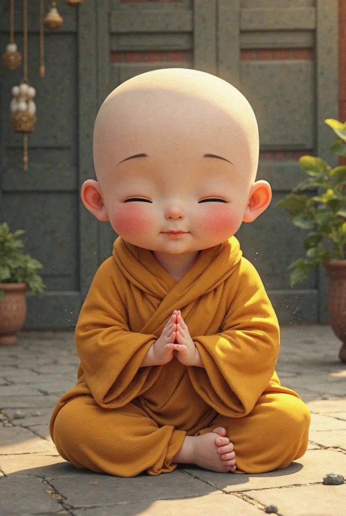 Cute baby monk meditate, yellow shirt 