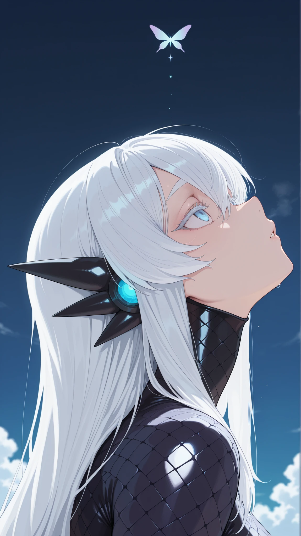 masterpiece, best quality,detailed eyes, amazing quality, newest, very aesthetic, 1girl,white hair,white eye lashes,white eyebrows,thick eyelashes,sky blue eyes,dead sleepy eyes,covored body,silver dragon scale skin,aurura background,side view,looking up,clam