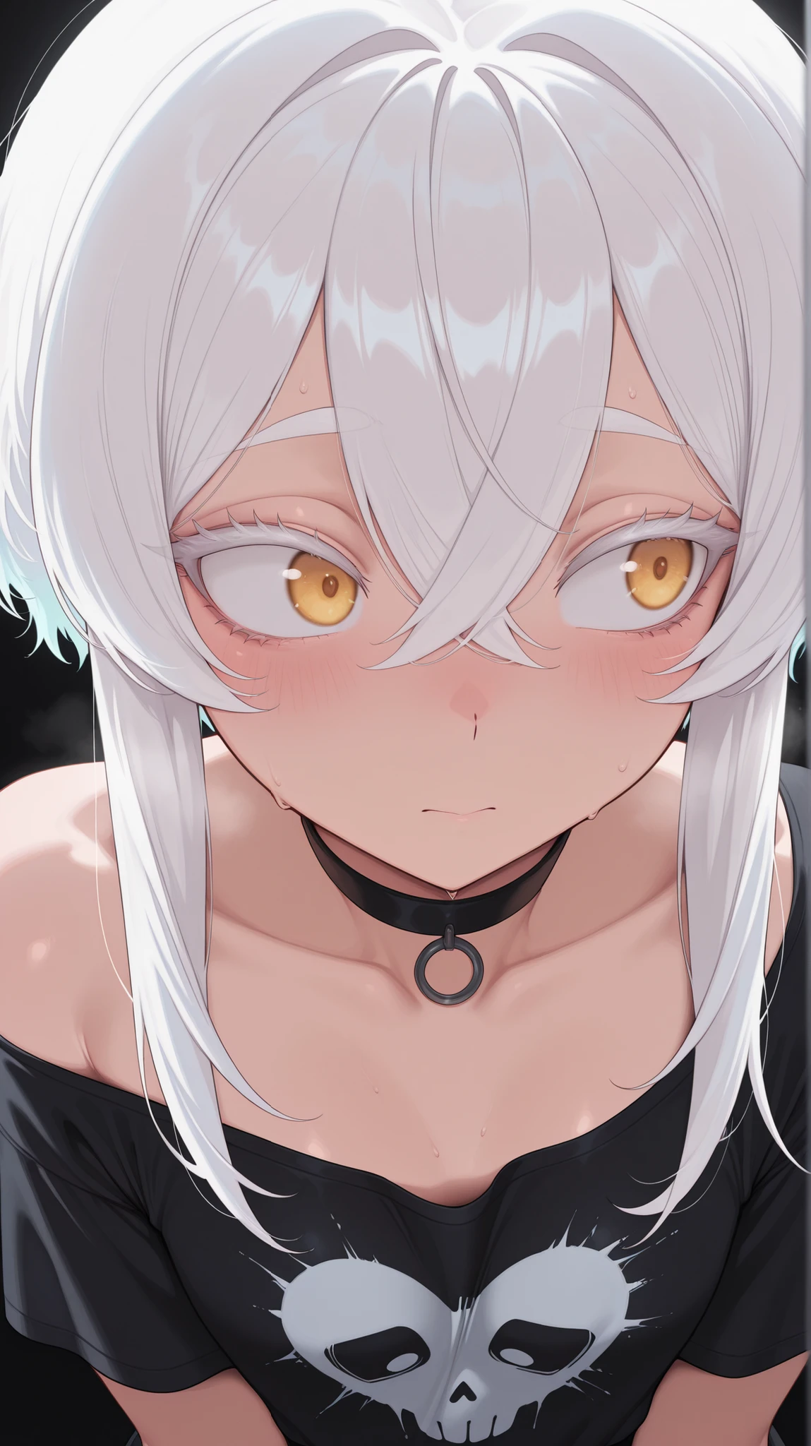 masterpiece, best quality,detailed eyes, amazing quality, newest, very aesthetic, 1girl,white hair,white eye lashes,white eyebrows,thick eyelashes,yellow eyes,wide eyes,shy,blushing,emo outfit,upper body,covered body,neon hearts,albino,dynamic black background