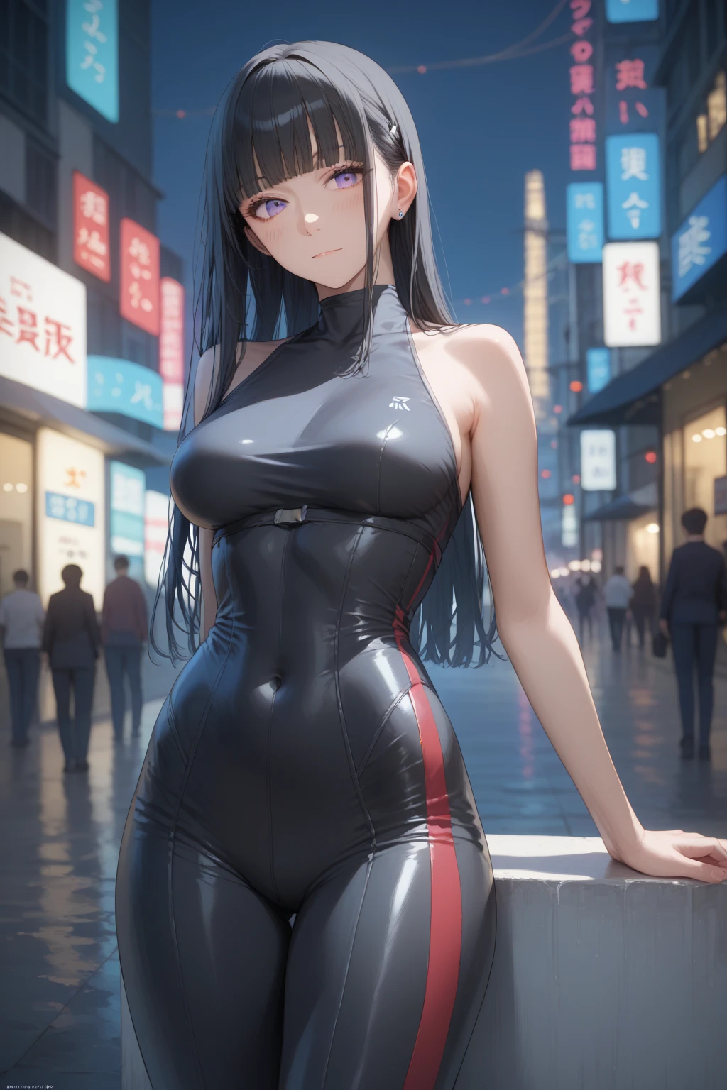 Action Scenes、((masterpiece,best quality anime,Highest quality:1.3)),realistic,cowboy shot,1woman,独奏,(30 year old beauty),((very small head:1.4)),((very long body:1.4)),(dark blue hair),straight long hair,(gorgeous big eyes),black eyes,((slender body:1.4,skinny)),medium breasts,dark blue turtleneck sleeveless,leotard,(Shooting glasses for eye protection),oily skin:1.2,gleaming skin,shiny skin, on road、holding gun,submachine gun、Firing stance、Collapsed Buildings、Cyberpunk World、