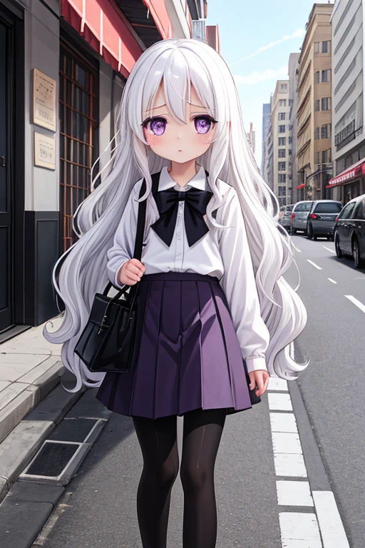 masterpiece,best quality,1girl,solo,long hair,wavy hair,loli,street,in the afternoon,walking,worried,(tears:0.8),white hair,purple eyes,black pantyhose