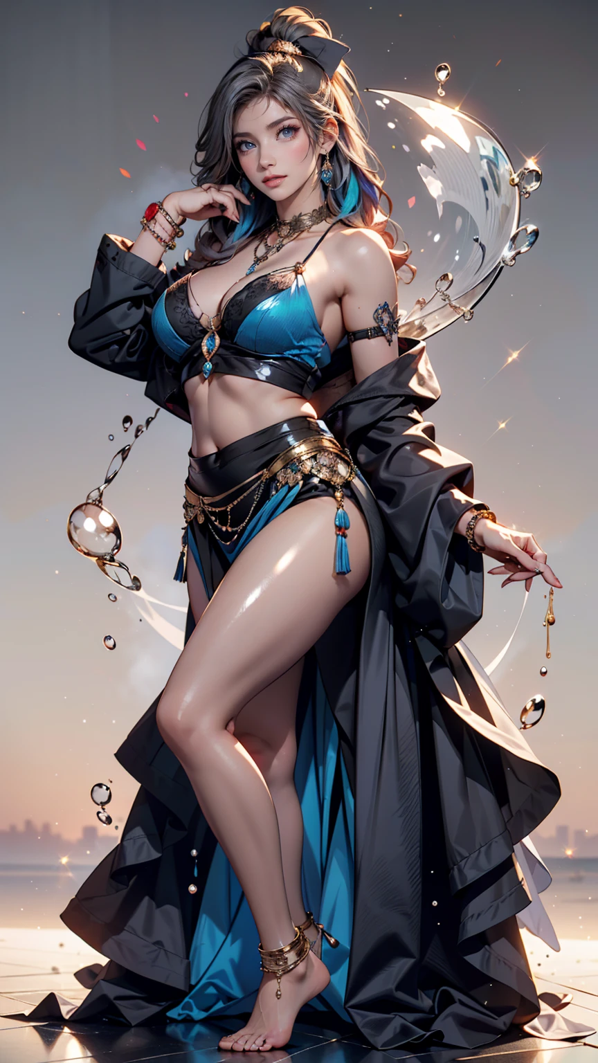 ((full body)), (((head to toe))), (((1 female, solo))), beautiful blushing slender Queen of Water (((with wet bronze hair))), small bust, narrow waist, thin legs, (((against water splash background))), (((water brassiere, loincloth))), aquamarine necklace, aquamarine tiara, veil, (((American comic style with dark contours))), (((art by J. Scott Campbell)))
