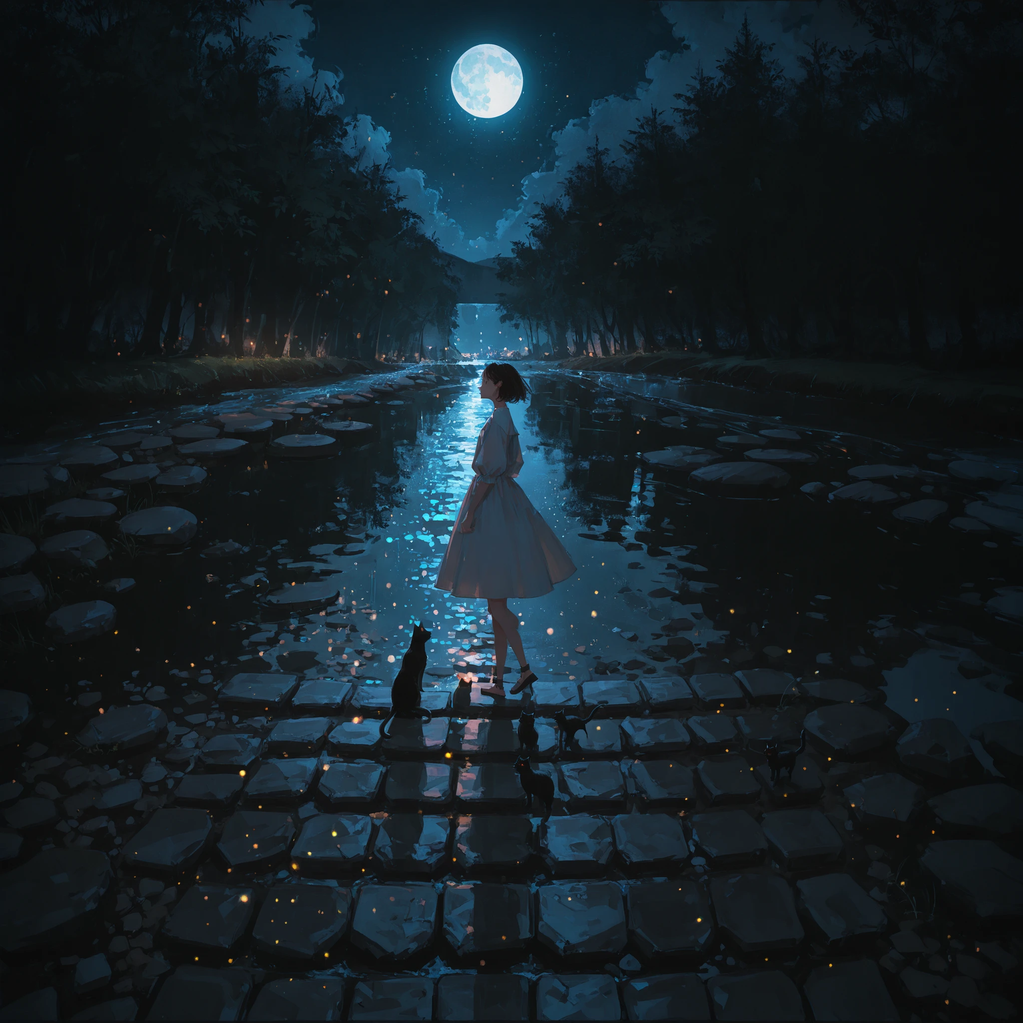 very wide shot, 1 girl, white dress, stepping stones, river, Black cats walking side , night, moon, tranquil, (light particles:1.4)