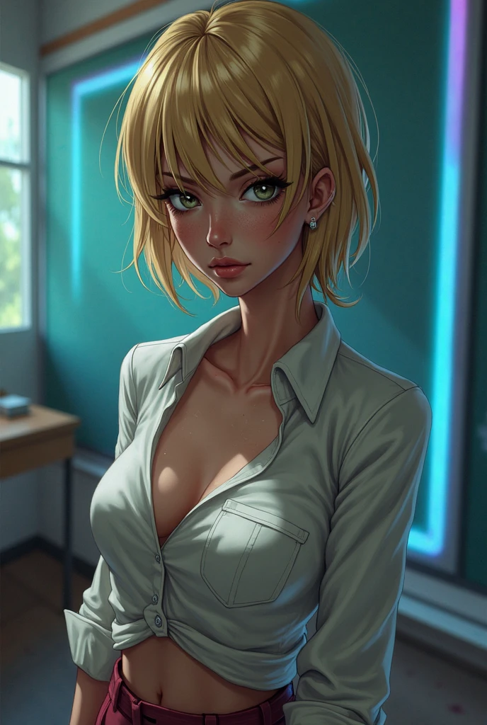 ((((masterpiece, best quality, high resolution)))), Extremely detailed 8K, Beautiful girl with slender body, (Ultra HD, Ultra-detailed, Highly detailed, Highly realistic, Ultra-realistic, photograph realistic), (1girl:1.5), (Realistic blonde hair with dark roots), short wavy hair, bob cut, (dynamic poses), facing at camera, light smile, (beautiful detailed face, beautiful detailed eyes), (girl wearing dress shirt tied in a knot and black and red striped mini skirt), see through top, cleavage,  glow, sweat, (sunbeam, sunlight), detailed makeup