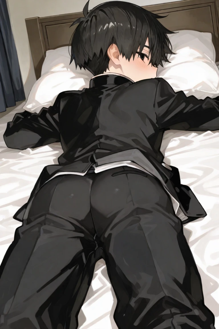 score_9_up, score_8_up, score_7_up, 1girl, solo, mature female, Himeo, black short hair, black eyes, right eye closed with eyepatch, pink lips, parted lips, fit slim body, perfect medium erected breast, (((black blazer, white shirt with black tie, black pants))), (((higly detailed modern luxury bedroom))), looking at the viewer, rose cheeks, naughty smile, bend over the bed and showing her ass, looking back, from behind