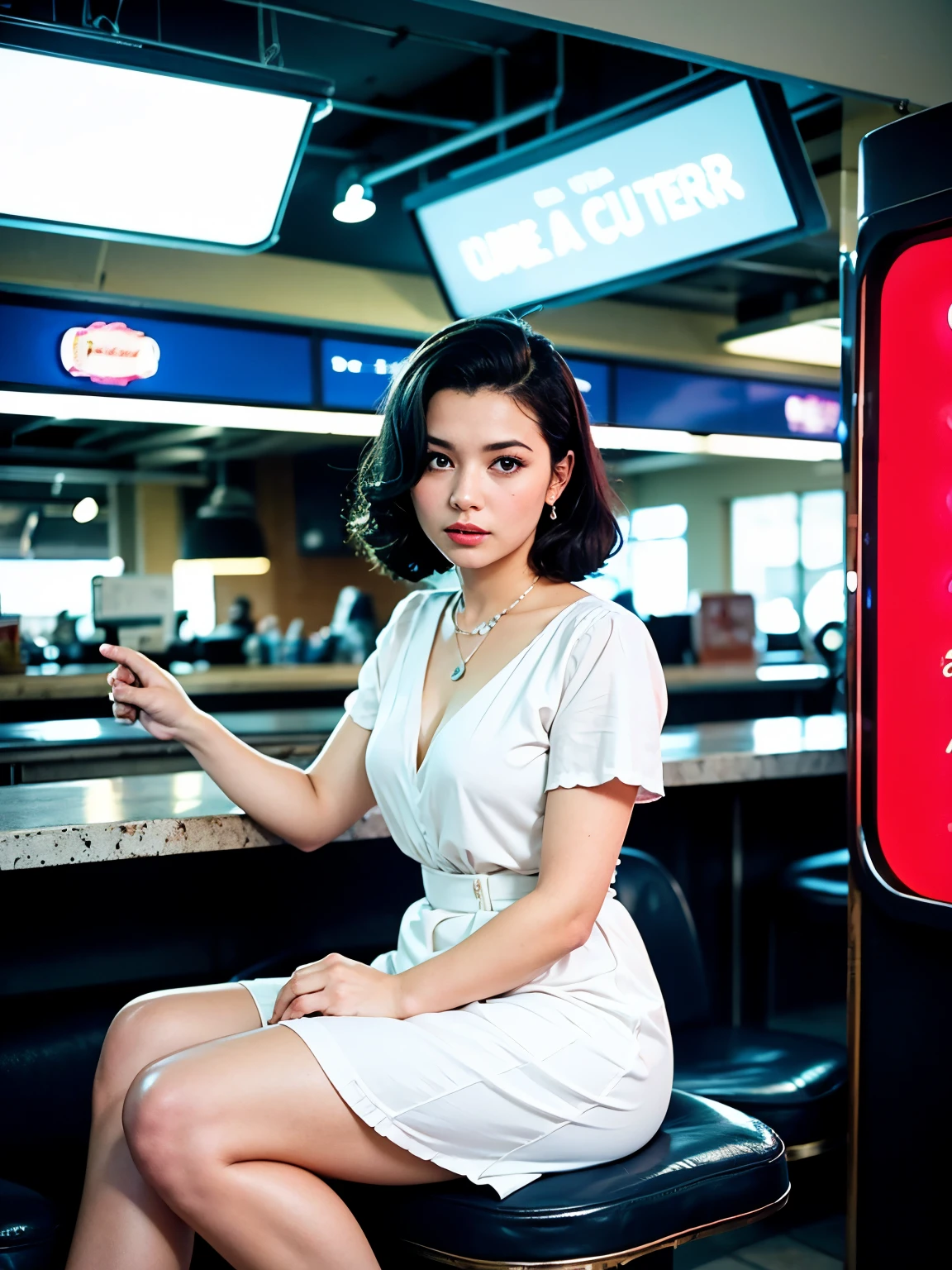1Woman in a 50s style dress, complete with a poodle skirt and petticoat, her hair is styled in classic curlers. She should be sitting in an old-fashioned diner, surrounded by vintage details like a jukebox, Chrome accents, and neon signs. Your eyes should sparkle with excitement, Her skin flawless and glowing under the soft, dramatic lighting. This scene should be captured on 35mm film, with a nice depth of field and a slightly blurred, nostalgic background,(35% russian, 45% nigerian, 20 syrian) woman, Film,