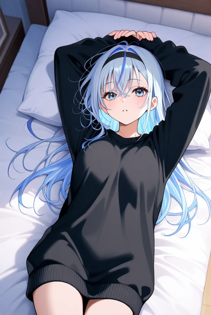 ((masterpiece:1.4, best quality:1.2)), 1girl, solo focus, beautiful skin, blush, black sweatshirt, small breasts, long blue hair, grey eyes, lying on bed earrings, Hands piercing, night, snowing, tall female, beautiful and delicate female, comfy ambience, {detailed background}, hair over one eye, very shy, sexy, naked, spread your leg, OFF SHOULDER TOP) Sweating, beautiful female genitalia, play with pussy