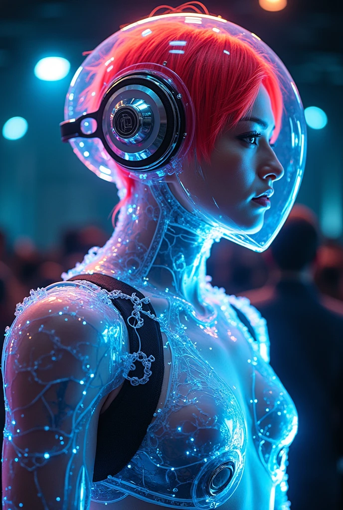 create a stunning fantasy image about a full body muscular man wearing a futuristic transparent japanese neon armor (colorful light neon) with transparent futuristic helmet (visible handsome face, red hair, shaped like a transparent helmet, connected directly to the human body, ensuring that oxygen supply is met (can even produce oxygen), useful as a super sophisticated computer, can be used as virtual reality, and can even control human nutritional health (automatically detecting body disorders),  emits massive neon effects, complex armor stitching, neon threads decorated the armor, crowded futuristic fashion show as background, the angle of view is slightly downward, best quality, MASTERPIECE.