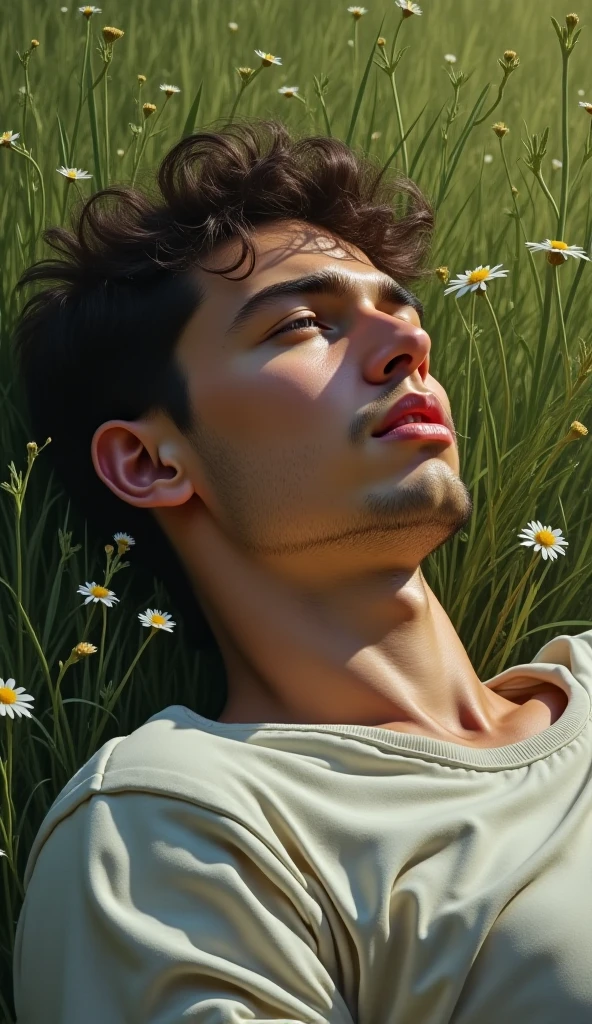 young man lying down , erect penis