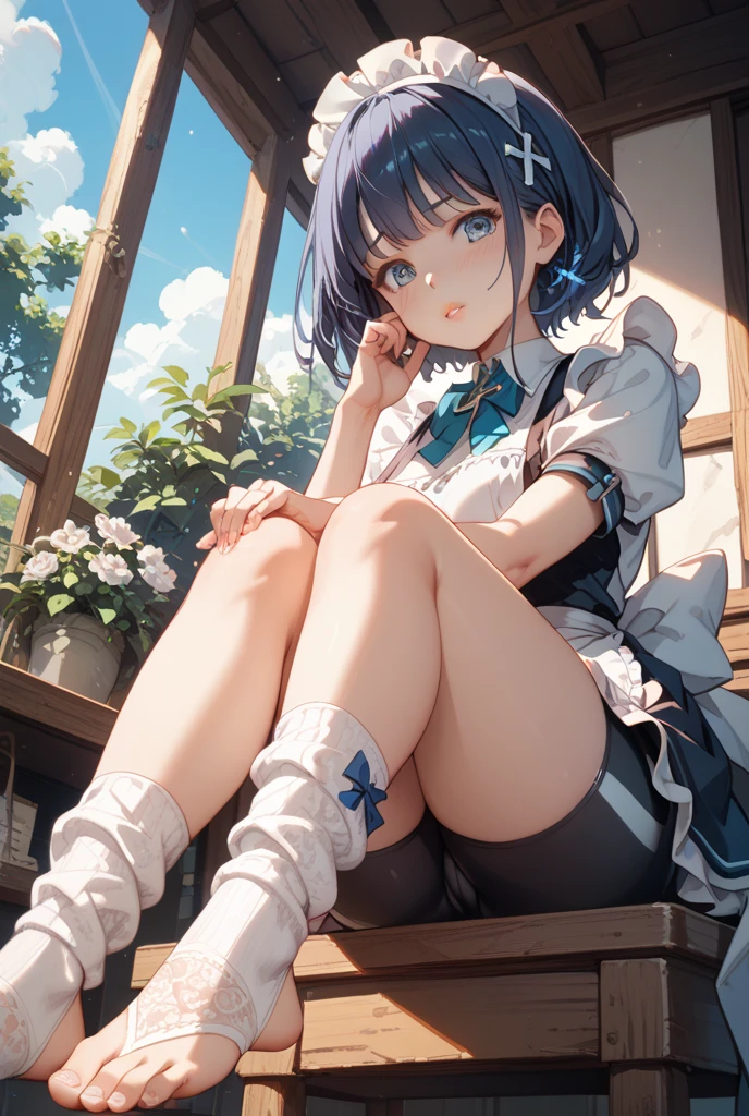 (masterpiece, best quality: 1.1), (ultra highres, ultra-detailed: 1.2) ,japanese school girl shows the soles of her feet to the viewer,(16yo,cute,detailed face,(navy hair-color,wavy-short hair),parallel eyebrows,navy eyes with large irises,blunt bangs,small nose, fresh lips,small breasts),(80denier pantyhose),school-uniform,school white blouse,Dark blue pleated skirt,room,sitting,(fullbody), beautiful lighting,