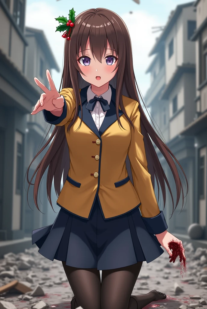 a girl from the anime "My Hero Academia", with brown hair and eyes and dressed in U.A. clothes. ,can control blood, and has scars on her hands