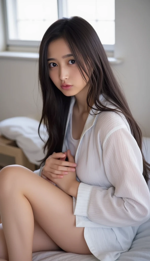 White T-shirt、Raise your arms、room、Small breasts、slender、Long Hair、night