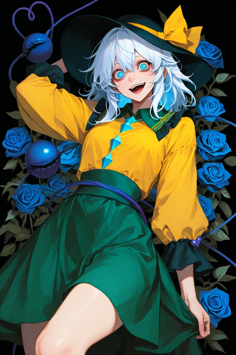 1girl,
komeiji koishi, touhou,
yuuichi \(bobobo\),
hat ribbon, open mouth, long sleeves, long hair, :d, string, ribbon, heart of string, hat, solo, shirt, hat bow, wide sleeves, smile, frills, grey hair, eyeball, white hair, skirt, looking at viewer, yellow eyes, outstretched arms, third eye, character name, string of fate, blush, frilled sleeves, bow, green eyes, heart, green skirt, blouse,
masterpiece, best quality, newest, absurdres, highres