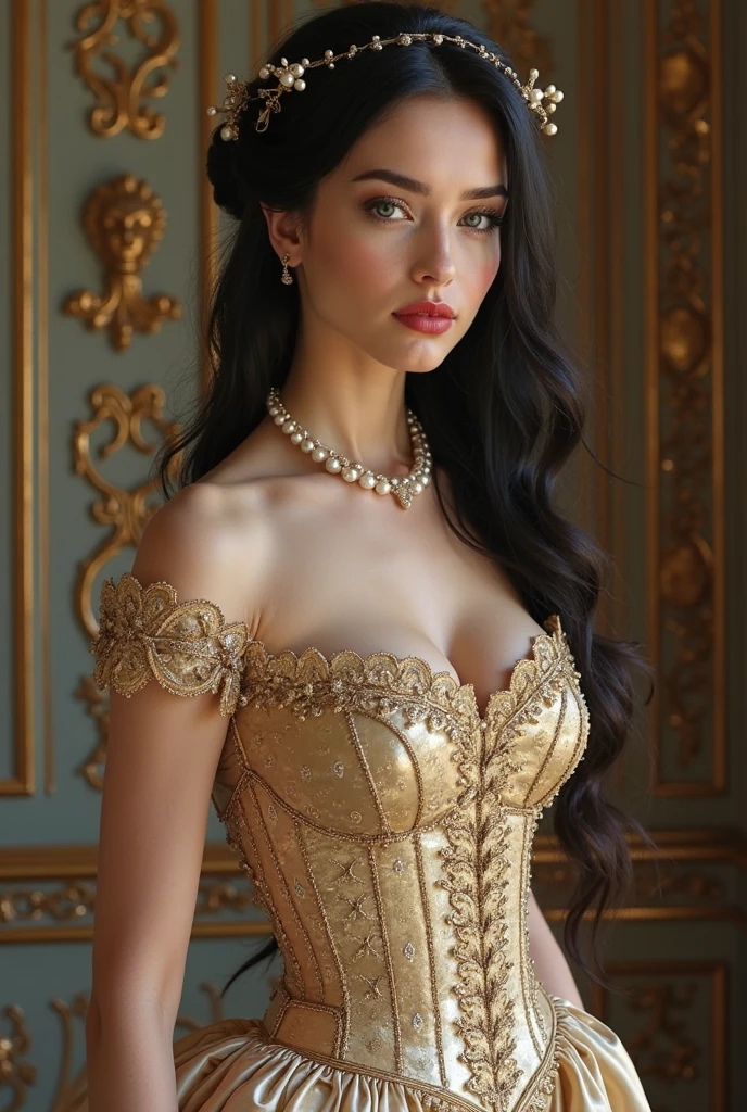 Young woman, big breast, wearing royal corset, on chair