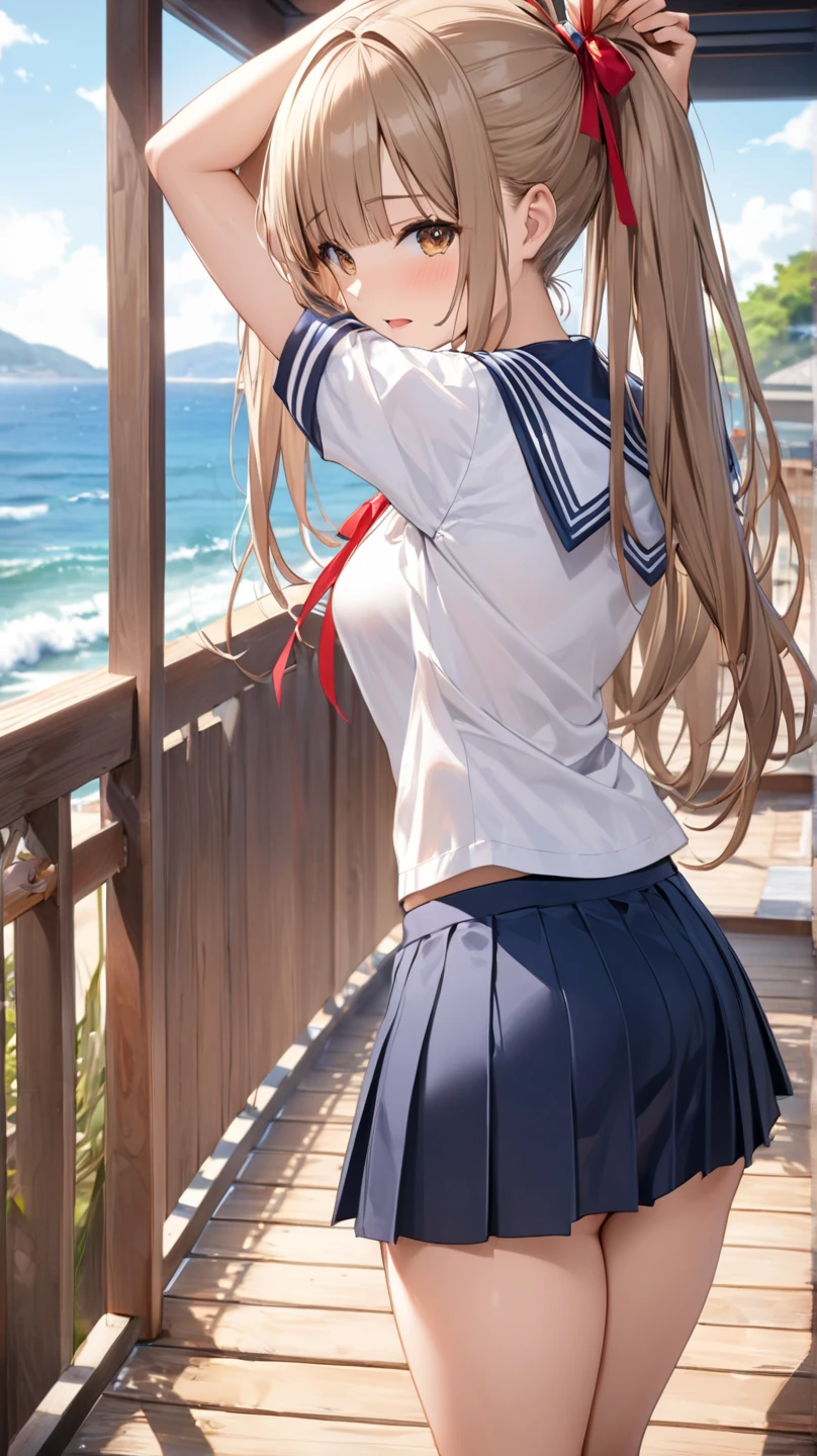 melhor qualidade, obra de arte, high resolution, Sozinho, {sumino_Sayaka_ahogirl:1.15}, longo_cabelo, loiro_cabelo, abrir_boca, marrom_olhos, corar, 1 garota, escola_uniforme, serafuku, sorriso, de_Back, Pingo de suor, Fechado_olhos_vista de corpo inteiro