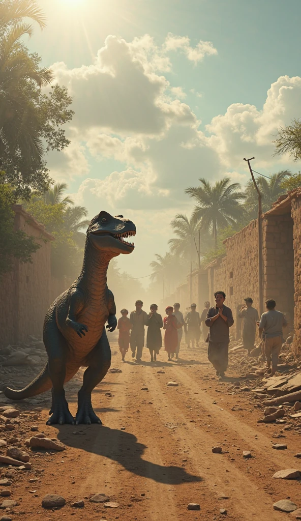 There are two men and a child in front of a dinosaur statue, with magical creatures, Directed by: David Ruby, Directed by: Nandor Soldier, Directed by: Rafail Levitsky, Directed by: Luis Miranda, Directed by: Joseph Pisani, next to the dinosaur are cavemen, Directed by: Ramon Silva, imagem de perfil, foto de perfil, Directed by: Samuel Silva