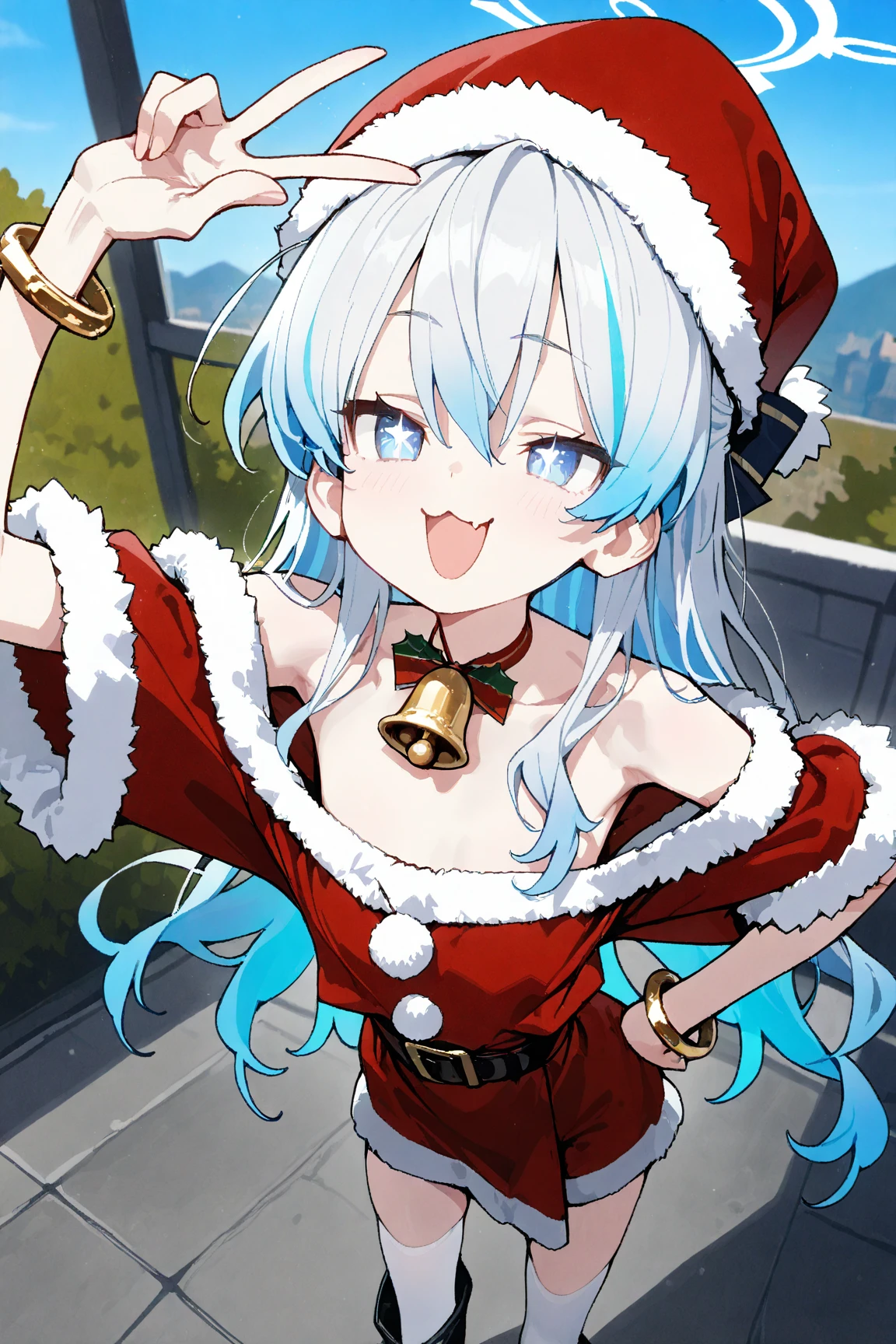 1girl,(skinny, , small girl,slender),gradient hair,multicolored hair,light violet hair,sky blue hair,long hair,straight_hair,blue eyes,star_shaped_pupils,smug,:3,open mouth,small fang,V hand,flat chest,Red santa dress with a white fur trim, red santa hat with a white fur trim,black belt withblack knee high boots, White thigh high socks,gold bell bracelet,off-shoulder_shirt,doremi, hwansang, mx2j, waterkuma, masterpiece, best quality, Perfect details, perfect composition, absurdres, newest, very aesthetic, amazing quality, highres, film grain, cute expression, dynamic view, AIU,perfect anatomy,detailed hands,detailed legs,detailed eyes,detailed fingers,standing,skinny,loli