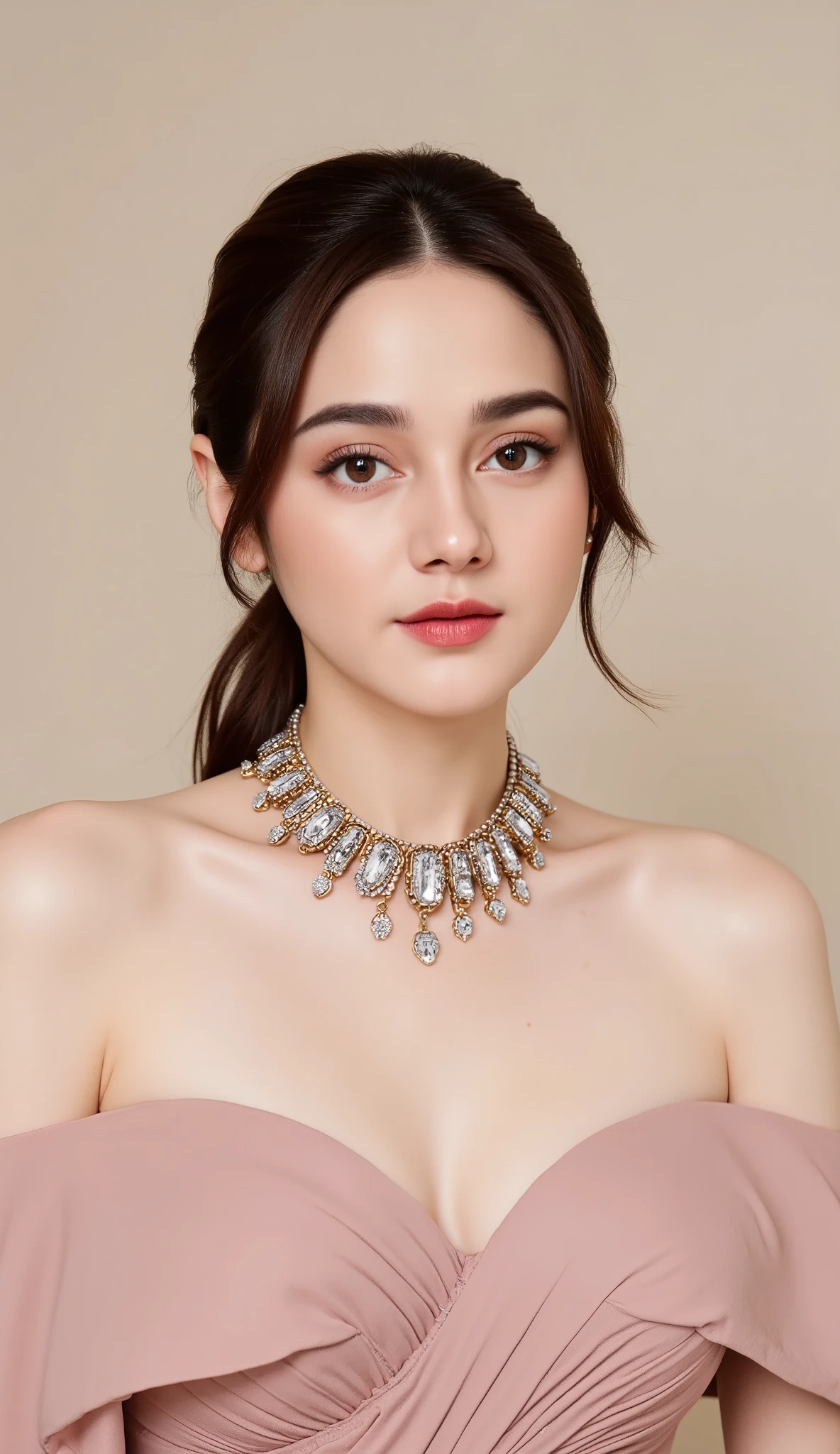 ((best quality)), ((masterpiece)), (detailed), Close-up portrait of a woman with a sophisticated, glamorous aesthetic. Asian woman, likely in her 30s or 40s, with meticulously styled, dark hair in an elegant updo. Pale skin, subtle makeup highlighting her facial features. Soft, peachy blush, defined eyebrows, and reddish-brown lipstick creating a captivating, romantic expression. She possesses striking, dark eyes that exude confidence and poise. A captivating smile graces her lips, radiating a light and graceful demeanor. She's wearing a stunning, form-fitting, light dusty rose-colored, draped gown. The garment's pleated bodice highlights her upper body, featuring delicate, ruffled details on the sleeves. A lavish, ornate, multi-colored, statement necklace with gemstone accents is prominently featured, complementing the dress. The environment is a subtly lit, studio-like setting, creating a soft, diffused glow that highlights the dress's texture and material. A delicate, creamy-neutral backdrop provides a smooth and seamless background, focusing all attention on the subject. The composition is centered, with a shallow depth of field, ensuring that the focus is entirely on the woman. The image exudes a timeless elegance. Style keywords: glamorous, elegant, portrait, studio, sophisticated, artistic.