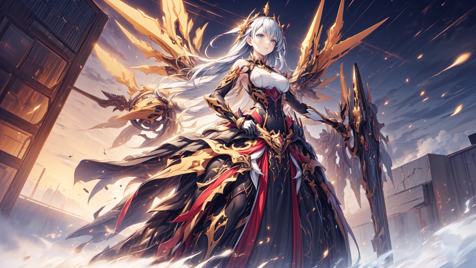 absurdres, best quality, masterpiece, ultra detailed beautiful moe anime, dynamic angle, action pose, The frilly mech princess clad in flames appears as if she has emerged from another world. Her mechanical body is intricately crafted, and a frilly dress elegantly covers her mechanical parts. Flames rise around her, emitting a dazzling light as they envelop her. Her eyes are a fiery red, conveying a strong will. On the battlefield, she overwhelms her enemies with her fiery power, captivating onlookers with her beauty and strength. Her presence is like that of a heroine from a legend.