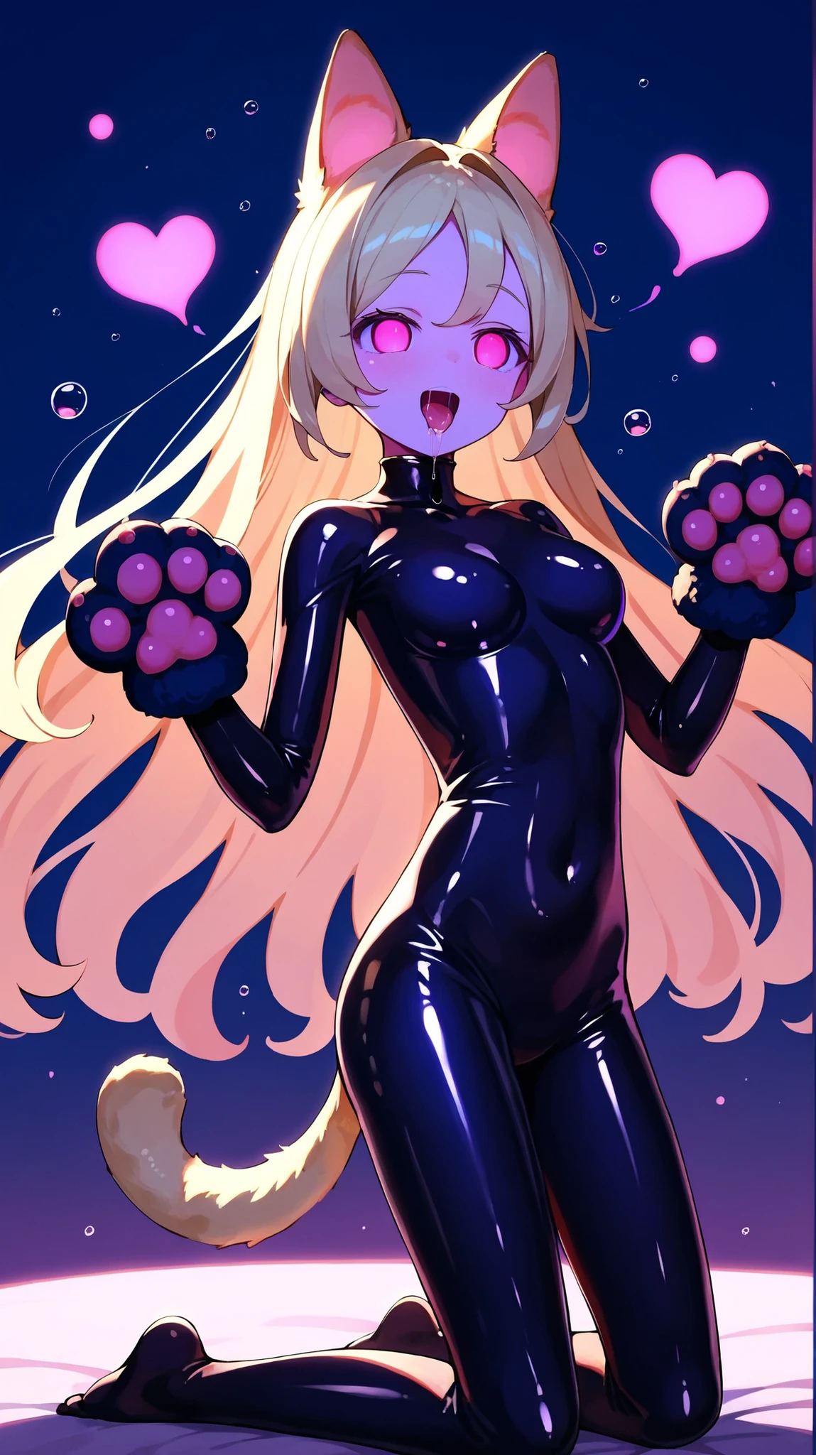 (masterpiece),(best quality),(very detailed with bubbles),(best illustrations),(best shadow),(absurd),(Detailed Background),(so beautiful), 16k, 8k,(best illustrations),(best shadow), (so beautiful), one girl, alone, very long hair, blondes, fluorescent pink eyes , Rotes Tail, Empty Eyes , Empty Eyes , tight latex bodysuit, Bodysuit Eccentric Details, latex gloves, Latex socks, very shiny latex, is kneeling , Paw Paws, Hunchback, orgasm, afterglow , Sexy smile, and open your mouth loosely, sexy pose, dynamic pose in the morning, is Cross Eye, turn your eyes upward, Saliva trace, shiny skin, trogao, hehe, break, dramatic lighting, Hallucinatory Background, clear liquid, night , Torrent of Light, mysterious, talking heart