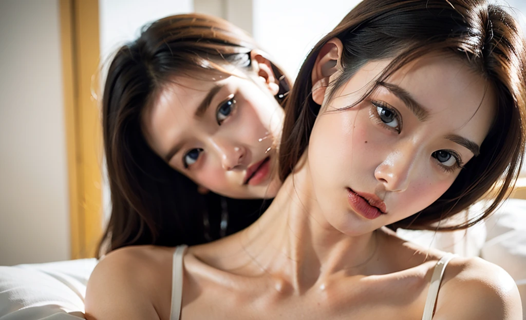 (NSFW),(RAW photo, Best quality), (Realistic, photo-realistic:1.2), 2girls, High quality, (highdetailskin:1.4), Two girls hugging,The chests squeeze against each other,huge tit,,nakeness