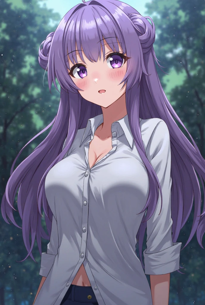 masterpiece, best quality, solo,
long hair, wavy hair, purple hair, green eyes, medium breasts, white dress, choker, smile, v,
portrait, forest, fog, night, close-up,