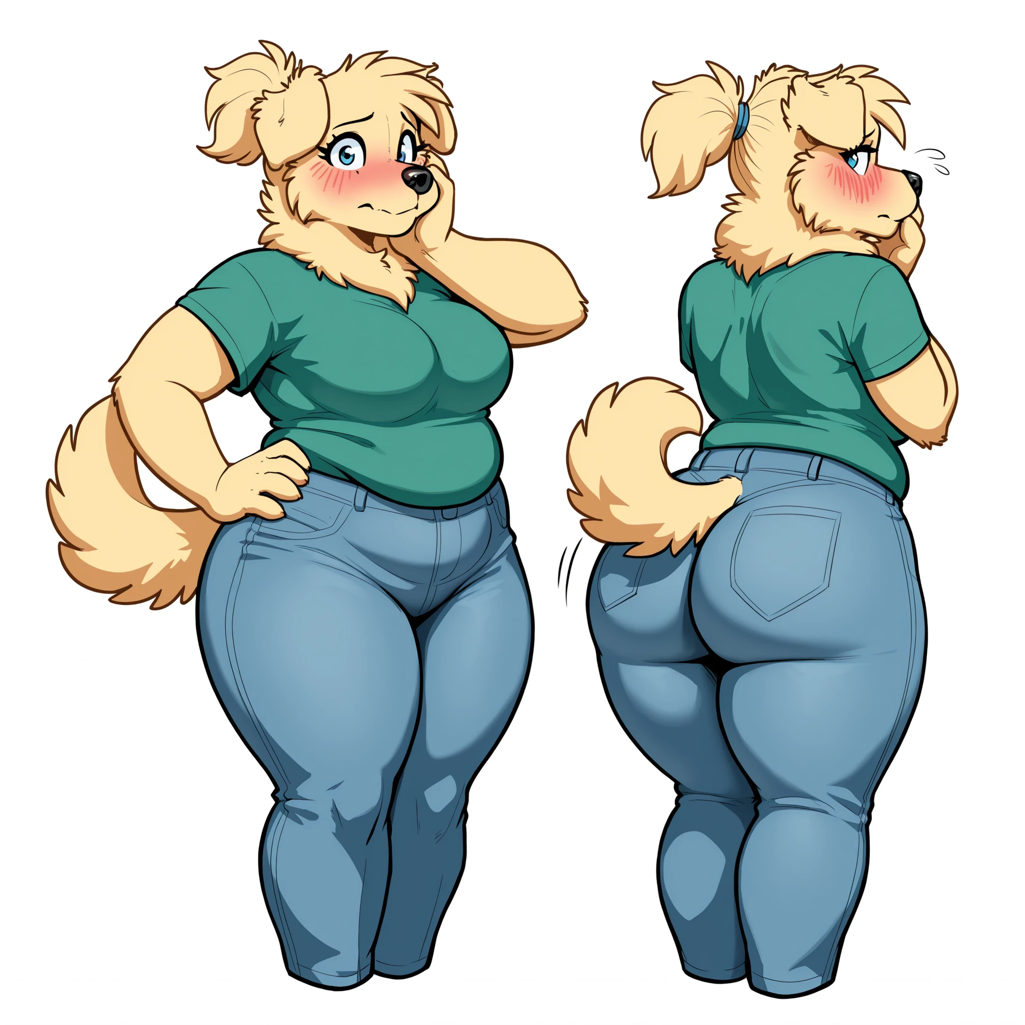 masterpiece, best quality, amazing quality, anthro golden retriever, 1girl, solo, white background, young, eyelashes, blue eyes, fur, medium breasts, wide hips, chubby thighs, thick arms, shy, blushing, looking at viewer, very short hair, wide body, fluffy neck, fluffy chest, chubby girl, fat, fat butt, green t-shirt, showing shoulders, narrow shoulders, hand at cheek, hand at hip, blue jeans, from behind, from side, (dog tail), short ponytail