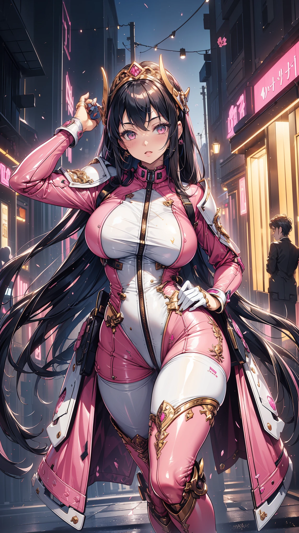 1woman, long black wavy hair with bangs, wearing a pink outfit, silver eyes, sexy body, beautiful, seductive, 4k, ray tracing, rtx, masterpiece, official art, 8k, stunning, highly detailed,